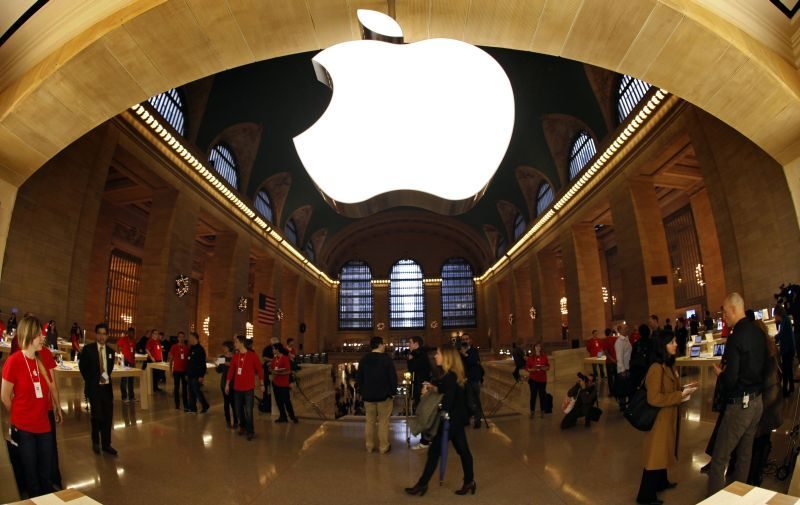 The Apple Inc. logo hangs inside the newest Apple Store in New York City's Grand Central Station