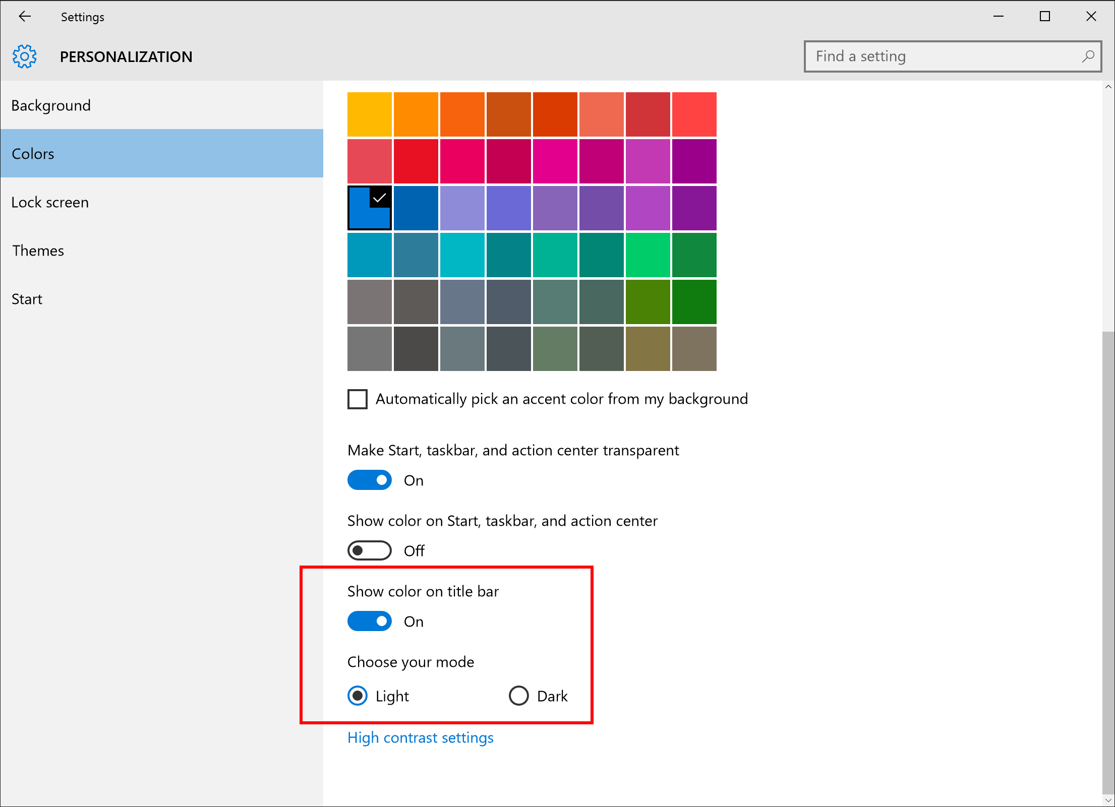 personalization updates colors windows 10