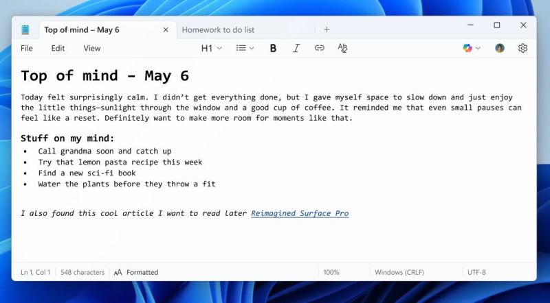 Новый Блокнот Windows получил панель форматирования и поддержку искусственного интеллекта